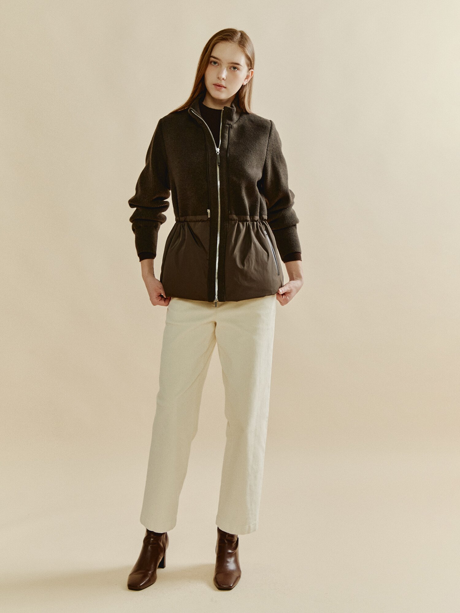 니트 패치 구스 다운 패딩 (BROWN)