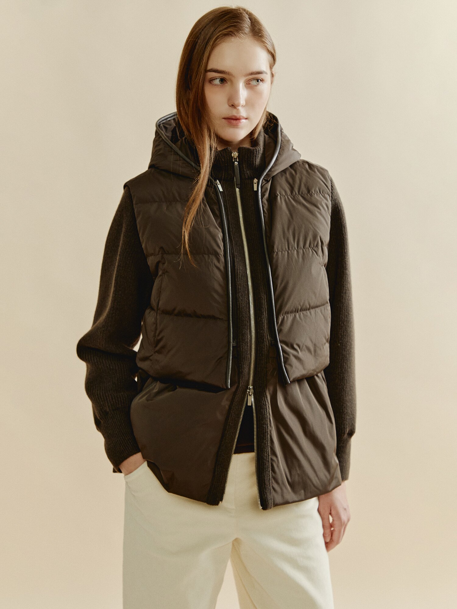 니트 패치 구스 다운 패딩 (BROWN)