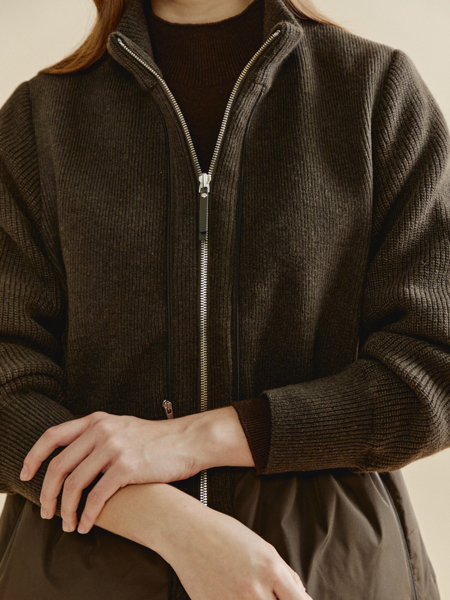 니트 패치 구스 다운 패딩 (BROWN)