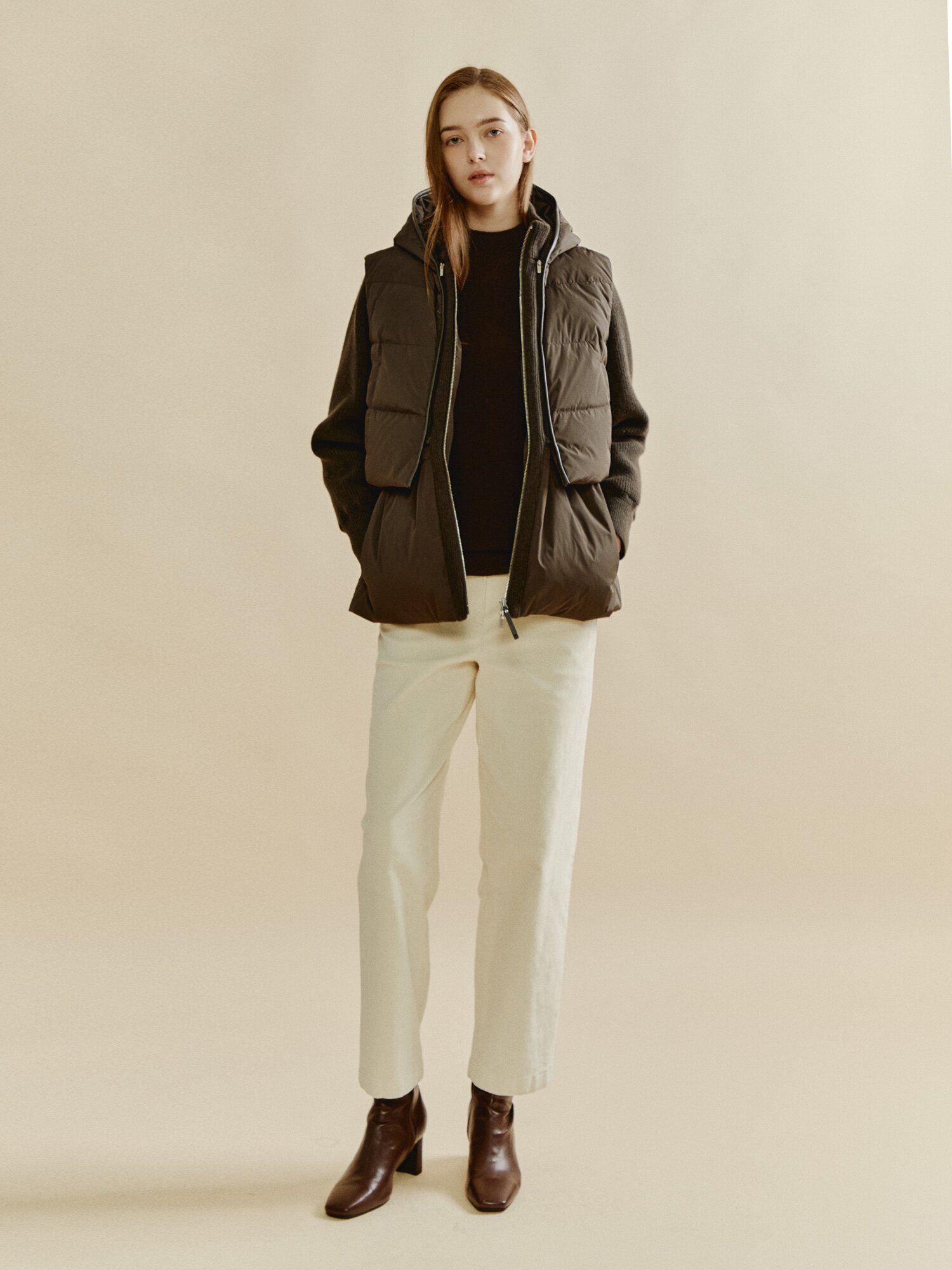 니트 패치 구스 다운 패딩 (BROWN)