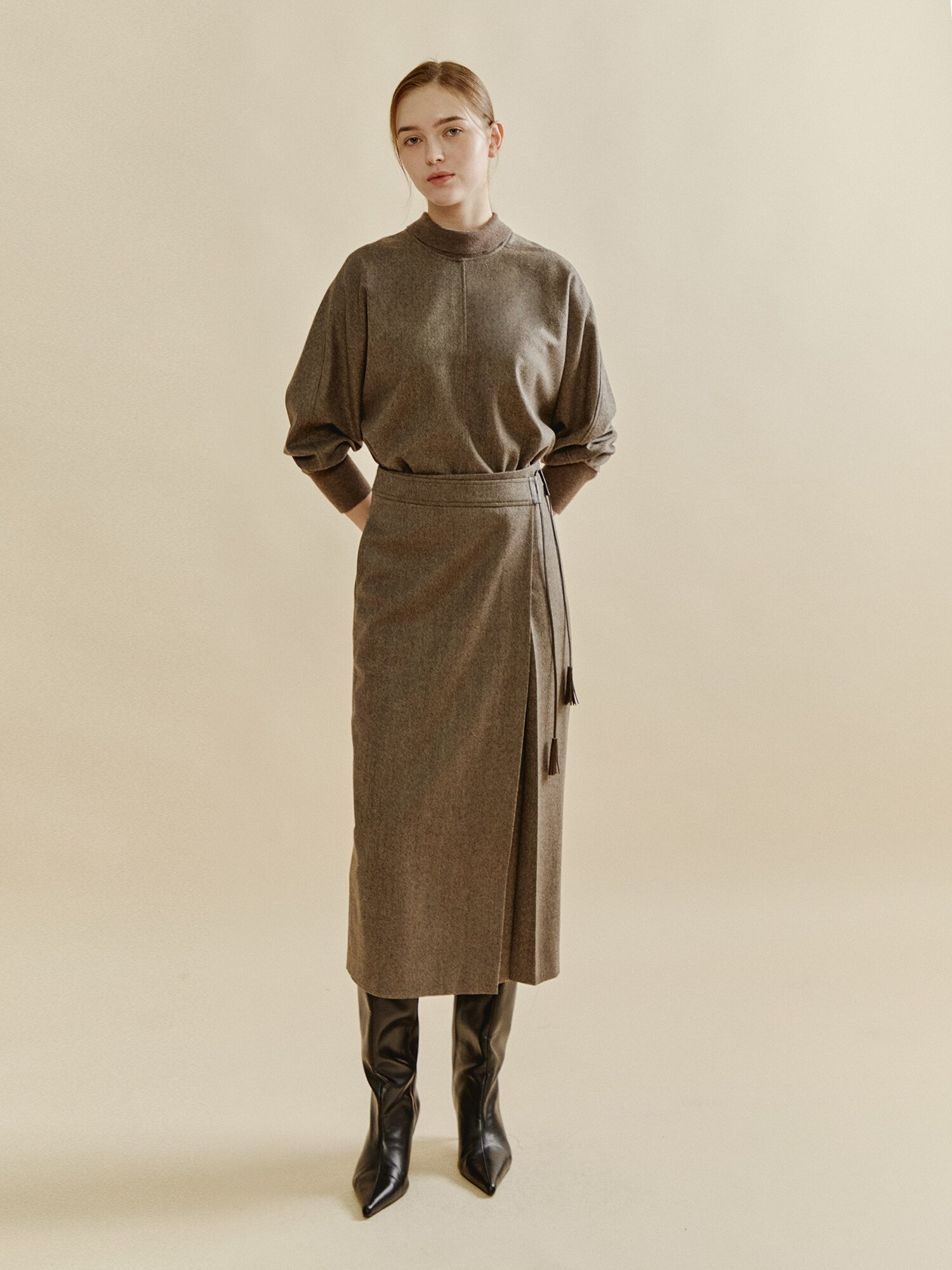 테슬 타이 오버랩 스커트 (MELANGE BROWN)