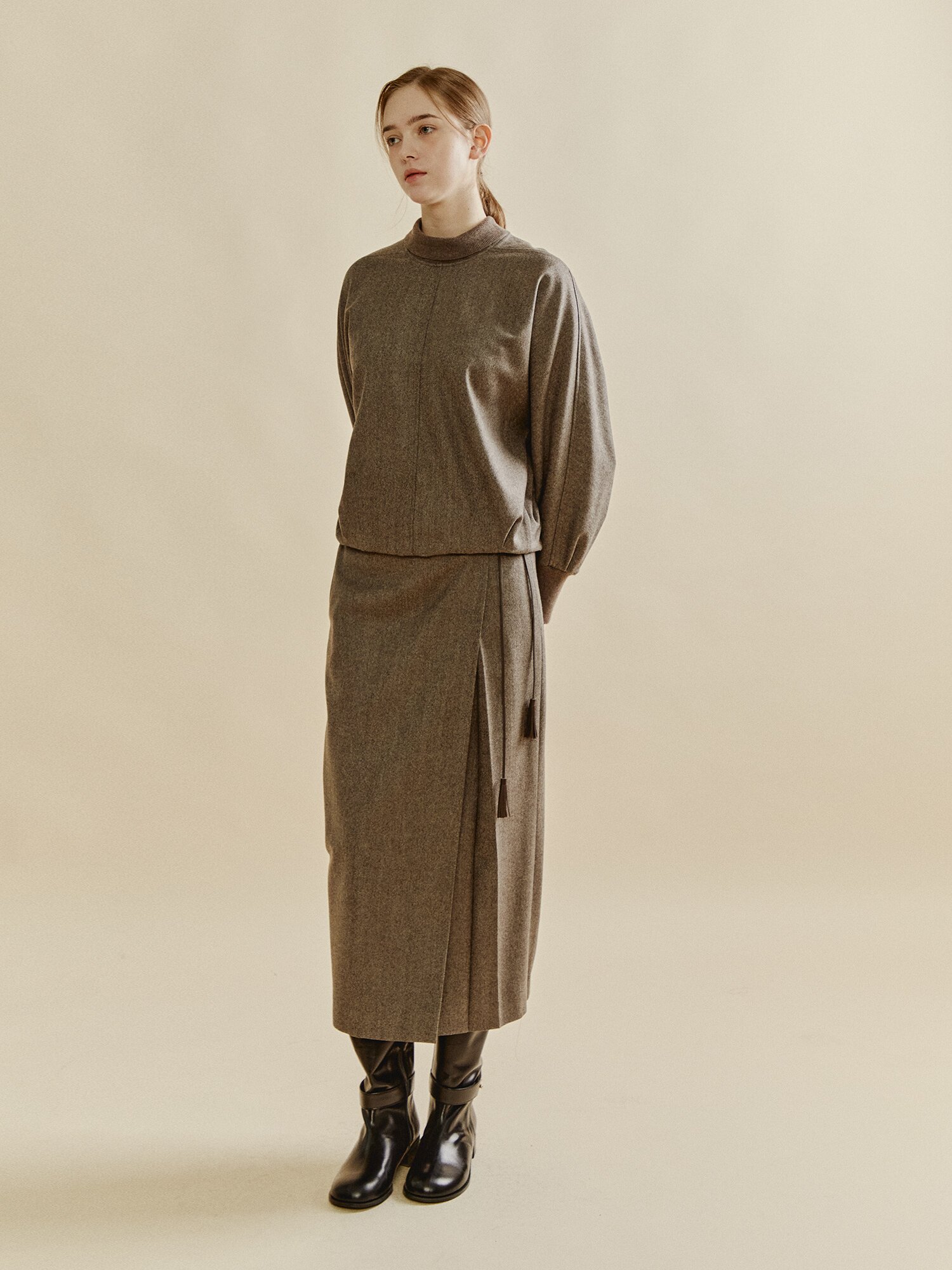 테슬 타이 오버랩 스커트 (MELANGE BROWN)