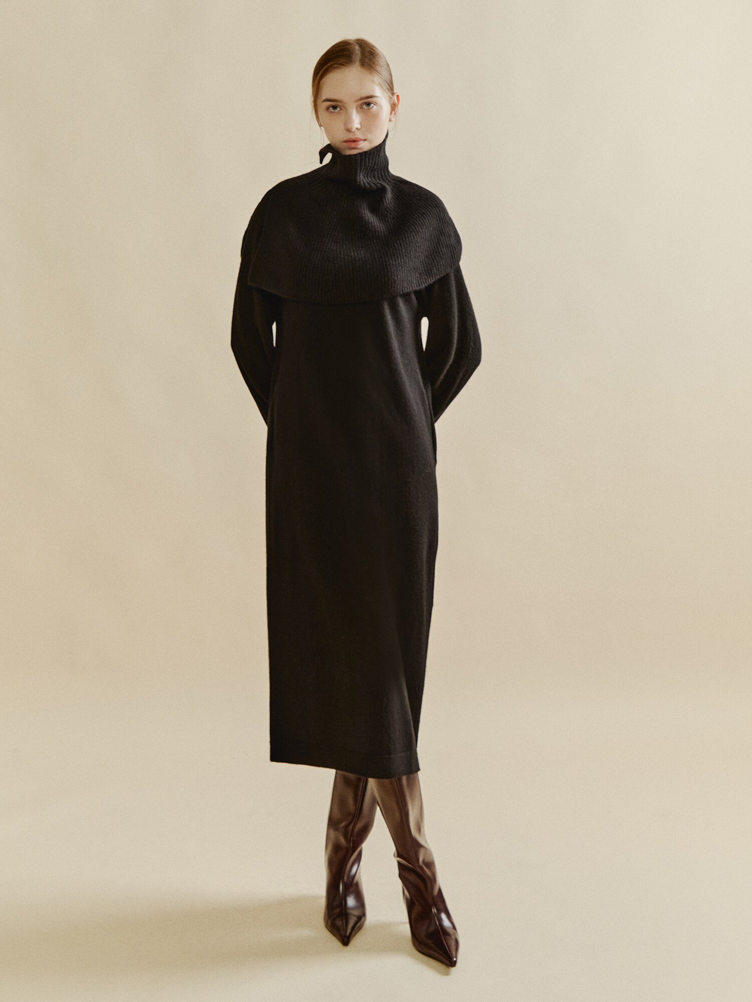 캐시미어 케이프 니트 드레스 세트 (BLACK)