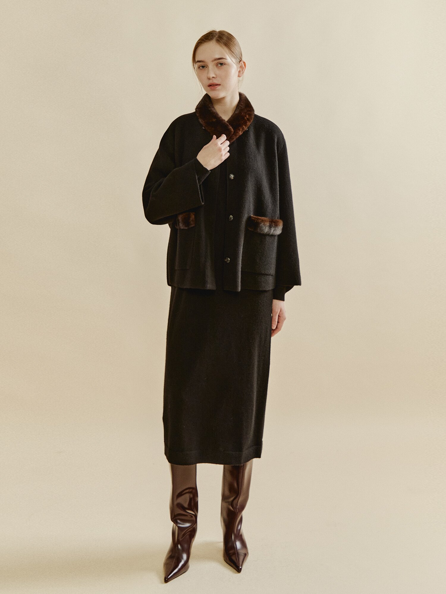 캐시미어 케이프 니트 드레스 세트 (BLACK)