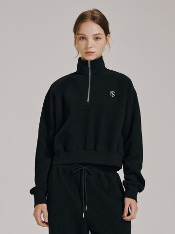 [기모] 하프집업 크롭 스웻셔츠 - 블랙 / Half Zip Up Crop Sweatshirts - Black

