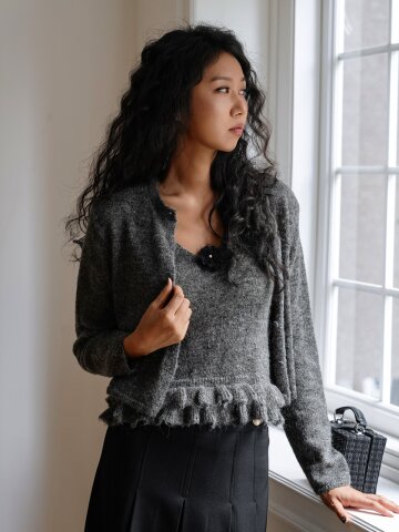 SOLÉVIA 베베 플라워 니트 나시 가디건 세트_차콜