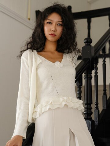 SOLÉVIA 베베 플라워 니트 나시 가디건 세트_아이보리