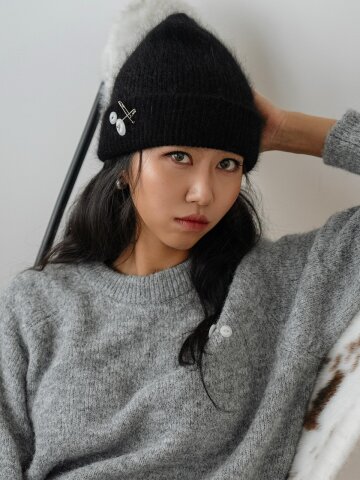 겨울 앙고라 니트 클립 단추 비니_블랙
