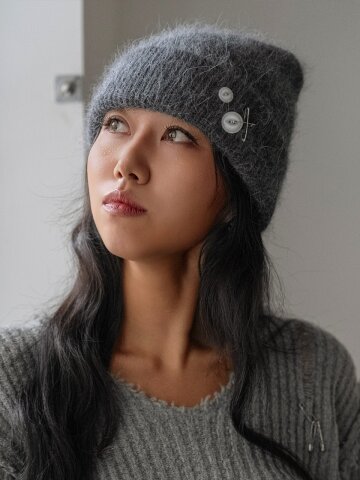 겨울 앙고라 니트 클립 단추 비니_그레이