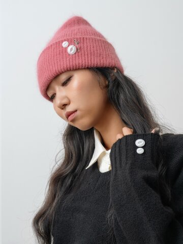 겨울 앙고라 니트 클립 단추 비니_핑크