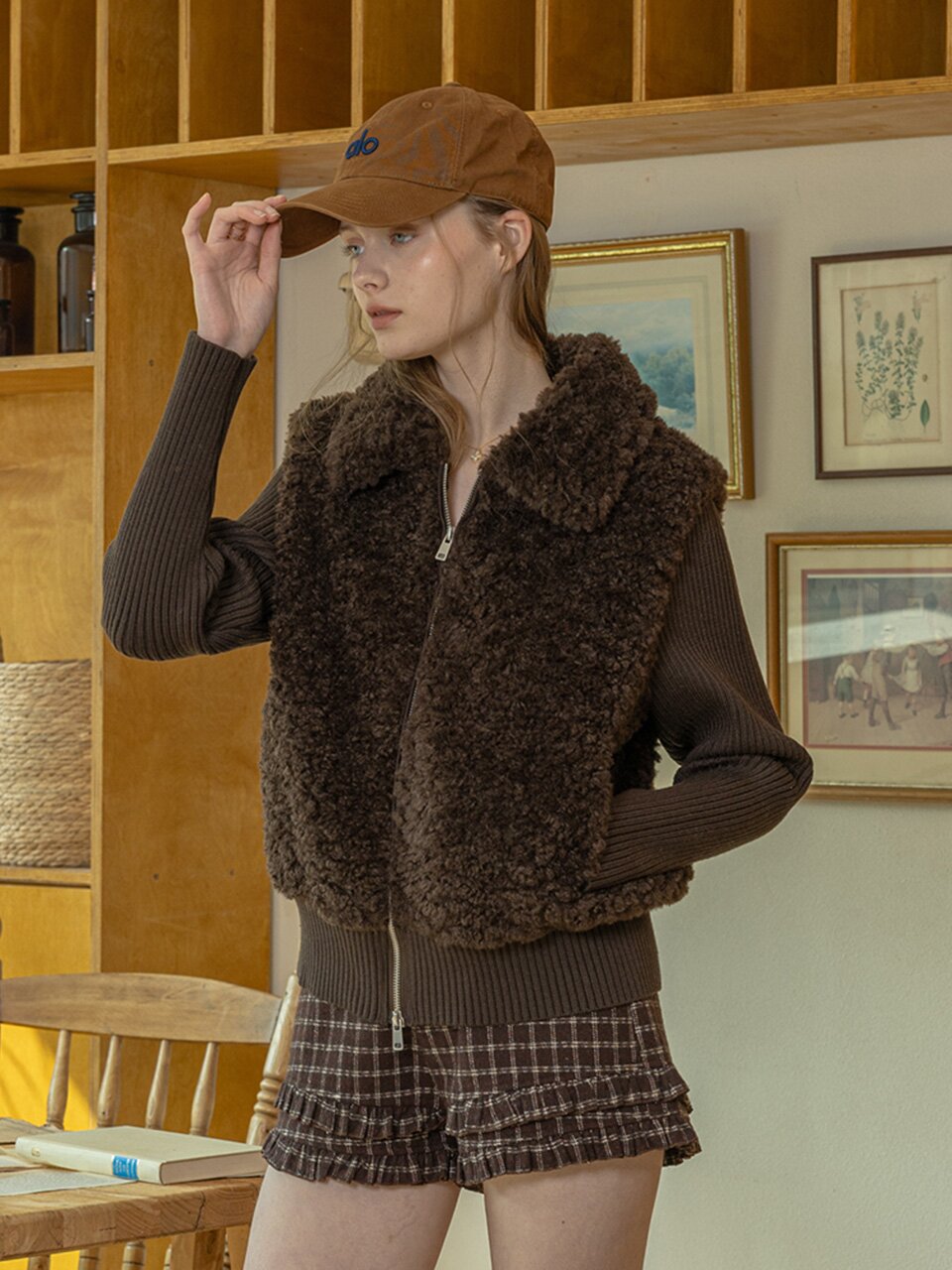 DD_Plush knit patchwork jacket_DARK BROWN
