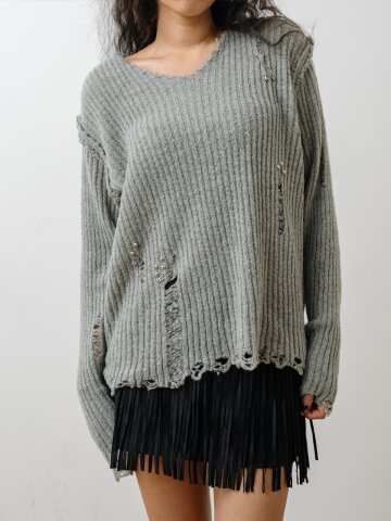 컷아웃 펀칭 스터드 클립 오버핏 니트_그레이