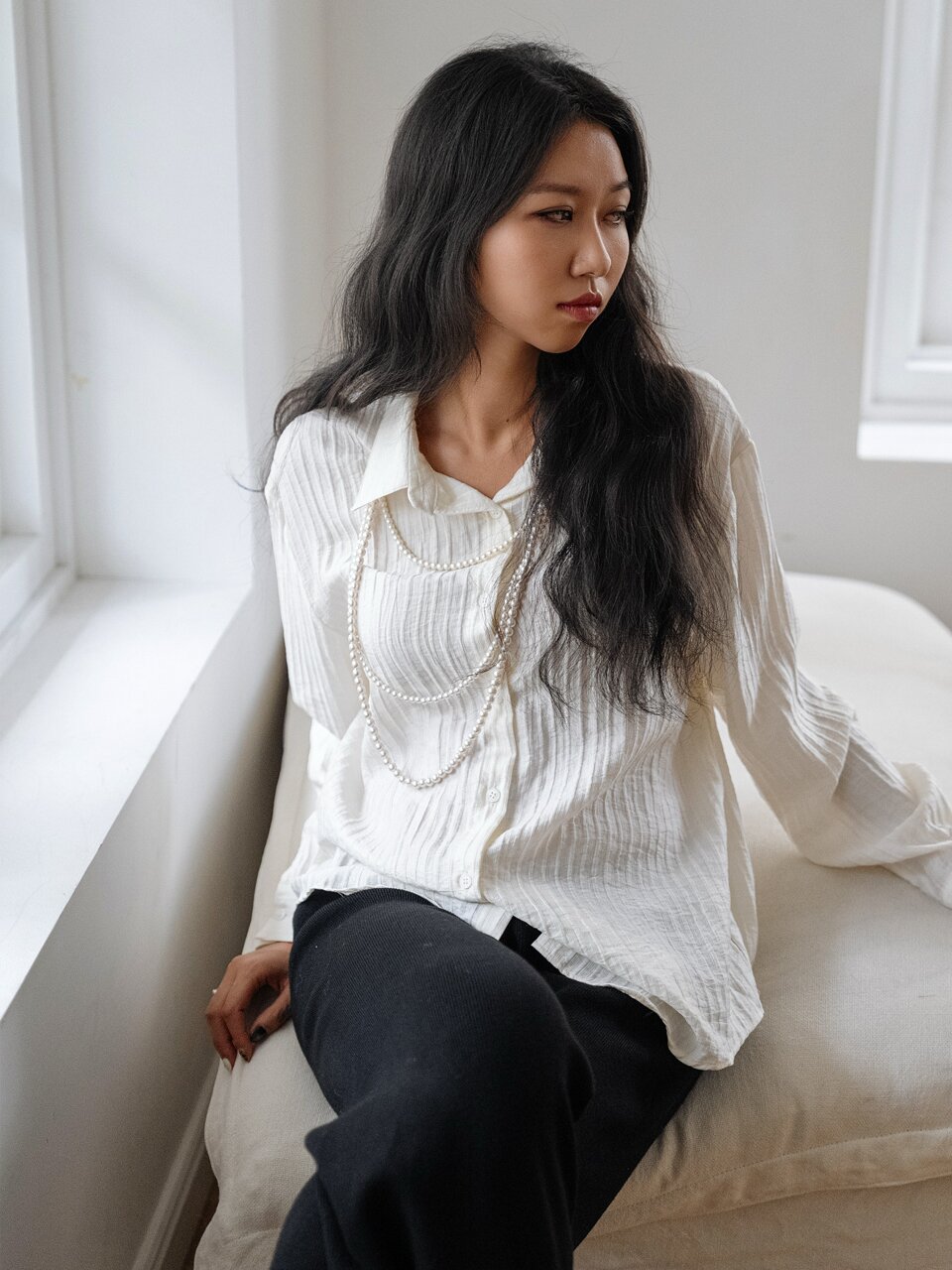 오버핏 스트라이프 데일리 셔츠_아이보리