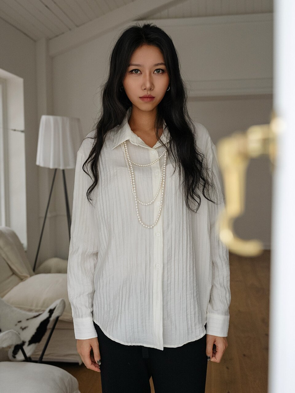 오버핏 스트라이프 데일리 셔츠_아이보리