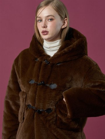 [밍크 ver.] 후드 오버핏 떡볶이 더플 누빔 무스탕 자켓 [Brown] 비건 퍼 ver.