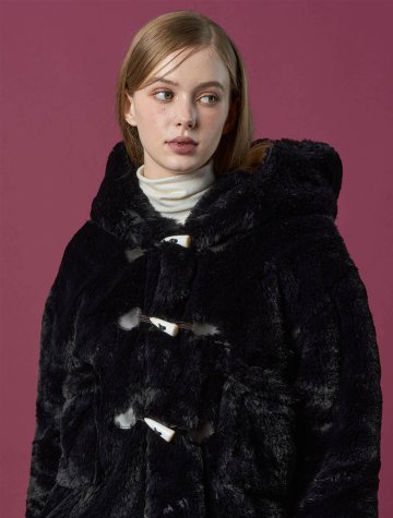 [밍크 ver.] 후드 오버핏 떡볶이 더플 누빔 무스탕 자켓 [Black] 비건 퍼 ver.