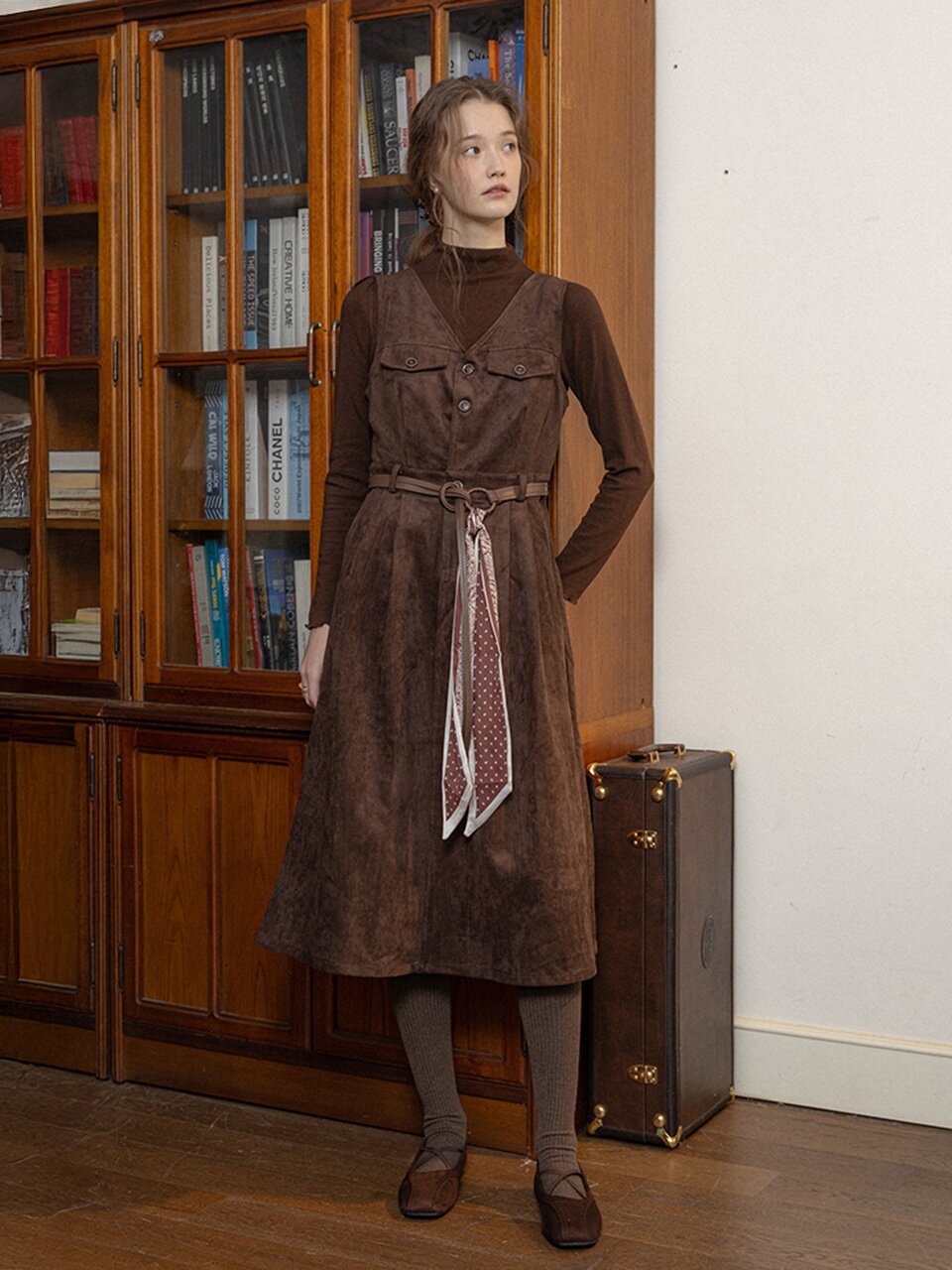 PM_V-neck slim fit jumpsuit_BROWN