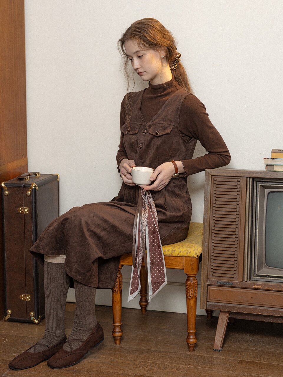PM_V-neck slim fit jumpsuit_BROWN