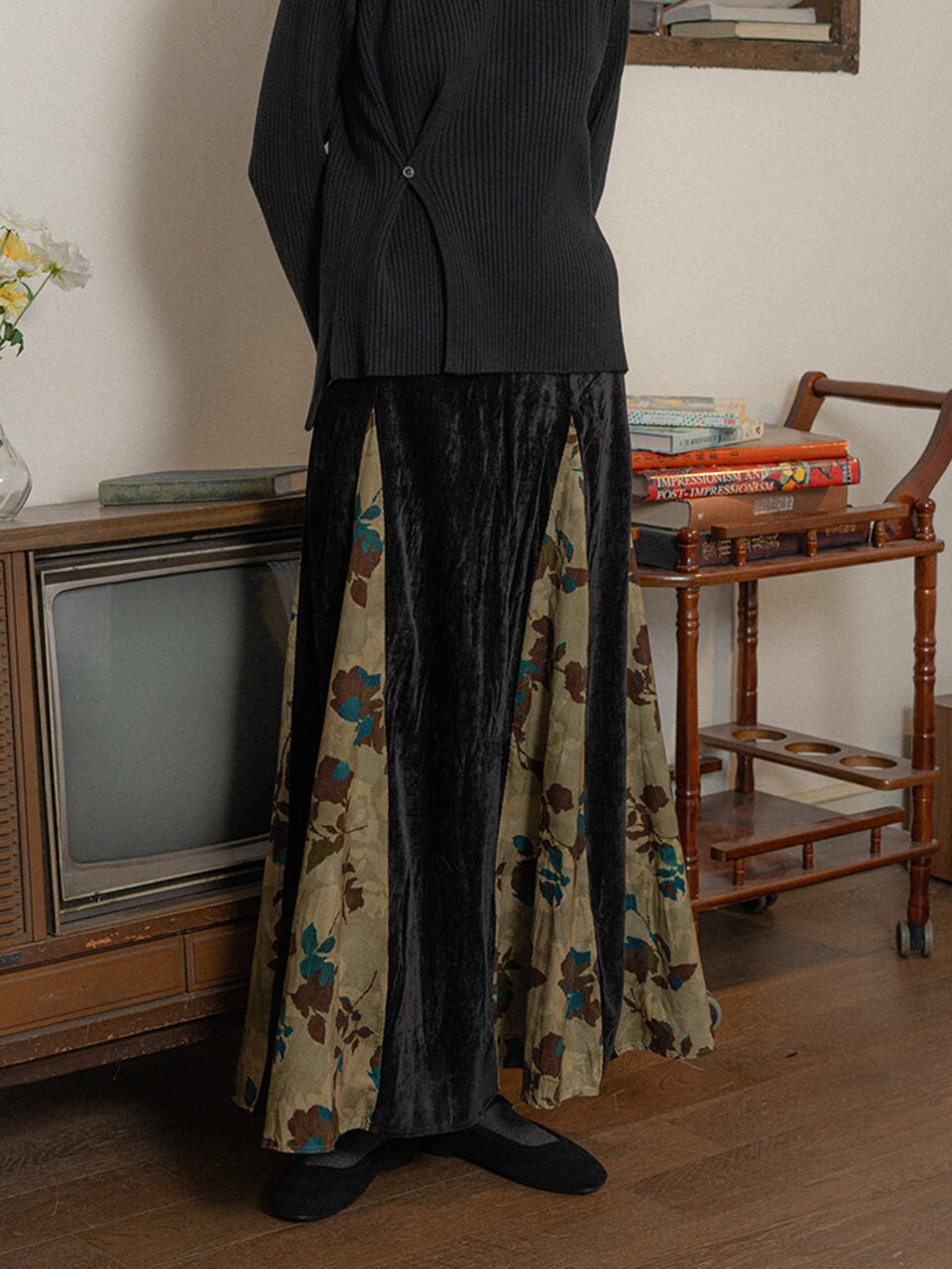 PM_Splicing fallen leaf skirt_BLACK