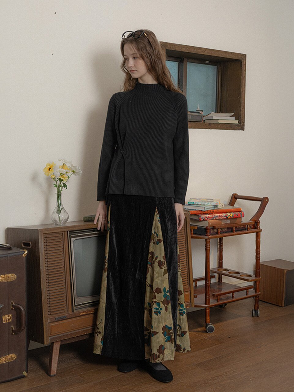 PM_Splicing fallen leaf skirt_BLACK