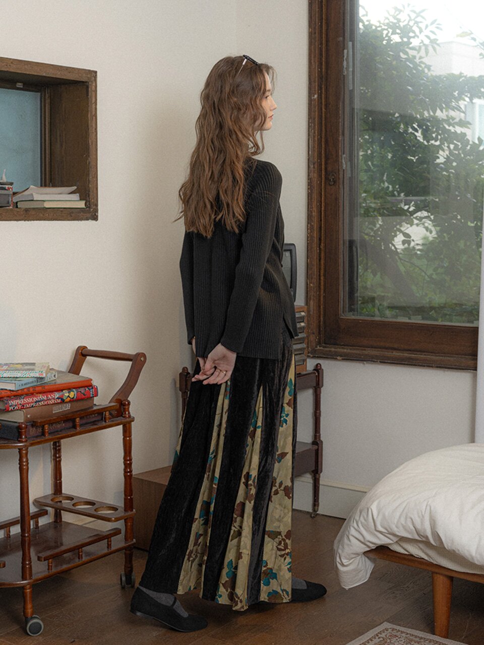PM_Splicing fallen leaf skirt_BLACK