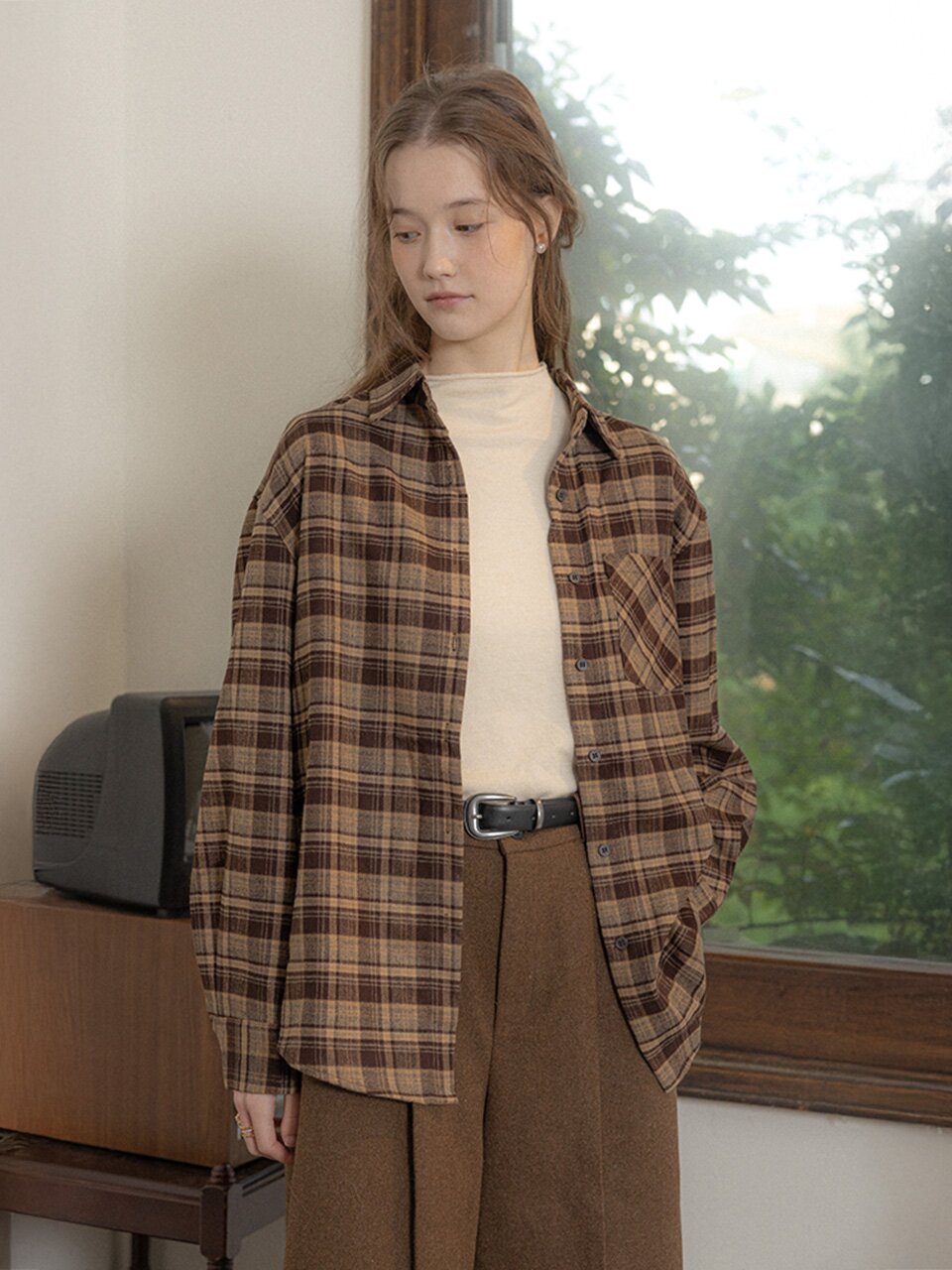 PM_Check colorblock shirt_BROWN