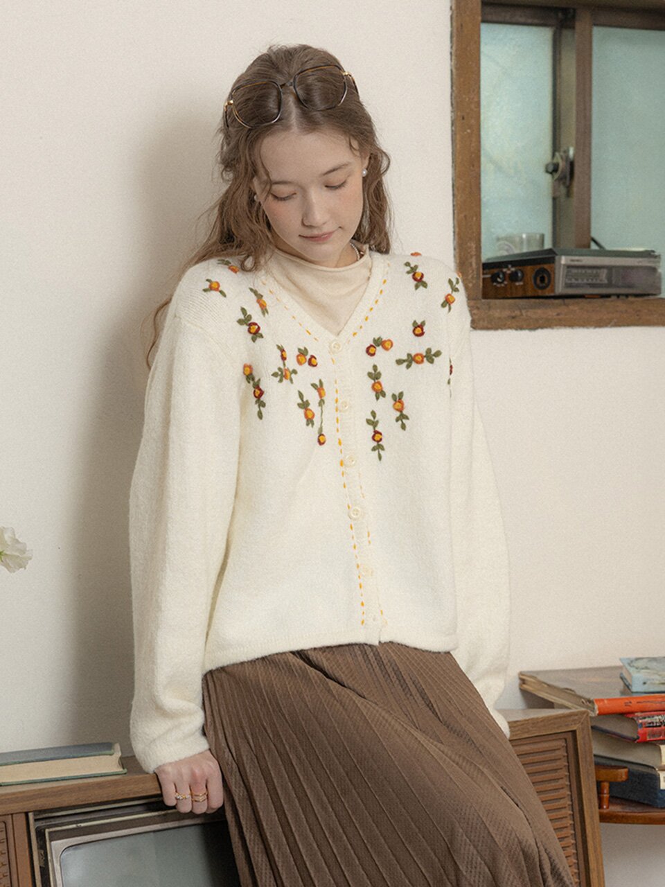 PM_Flower crew neck knit top_IVORY