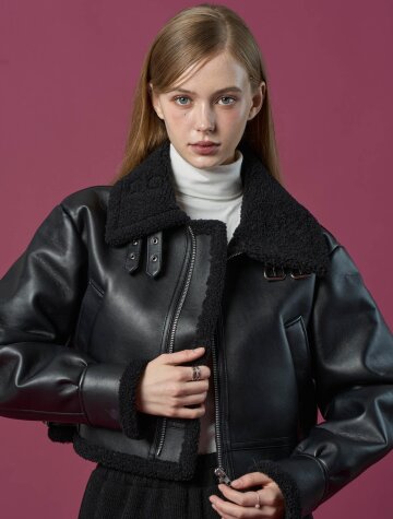 크롭 블러드 셔링 플리스 무스탕 자켓 [All_Black]