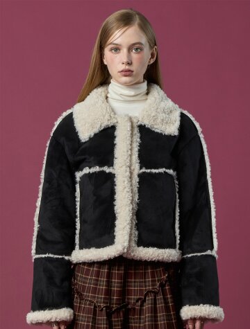 엘르 오버핏 스웨이드 플리스 무스탕 자켓 [Black_white]