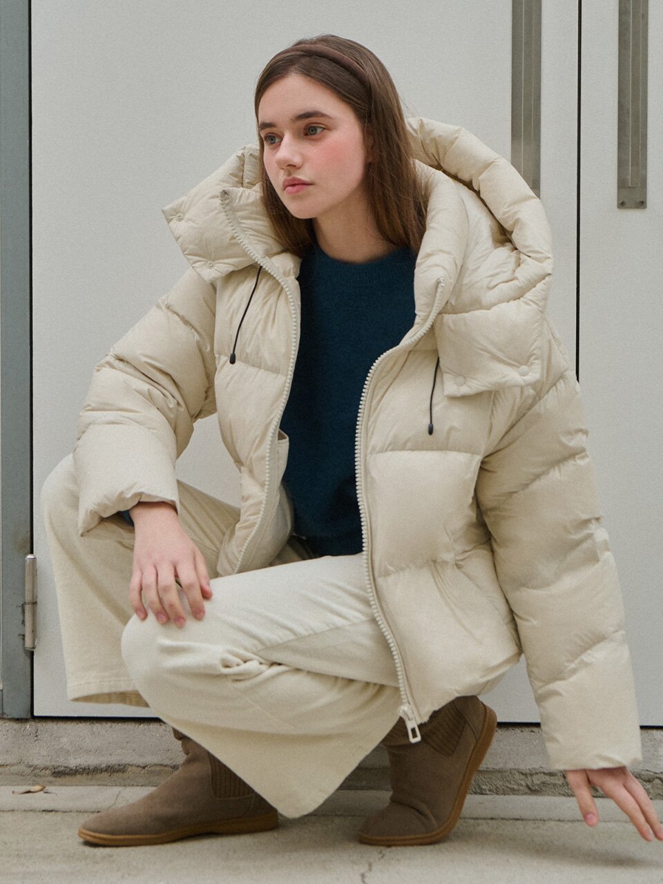 [한정수량] Duck down hood puffer - Ivory