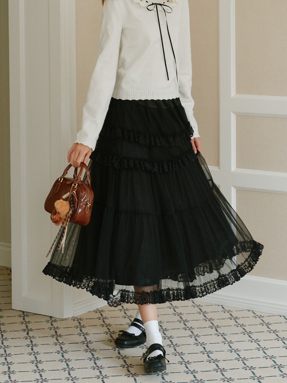 Cest_Frill lace banding skirt
