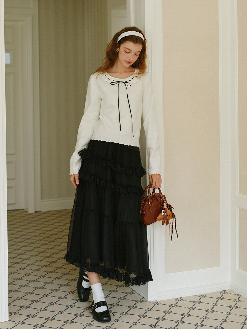 Cest_Frill lace banding skirt