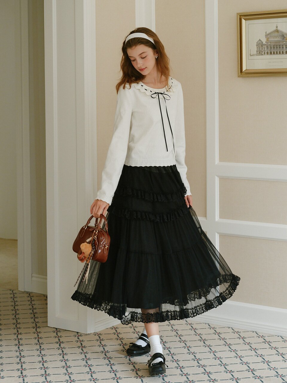 Cest_Lace ribbon knit blouse
