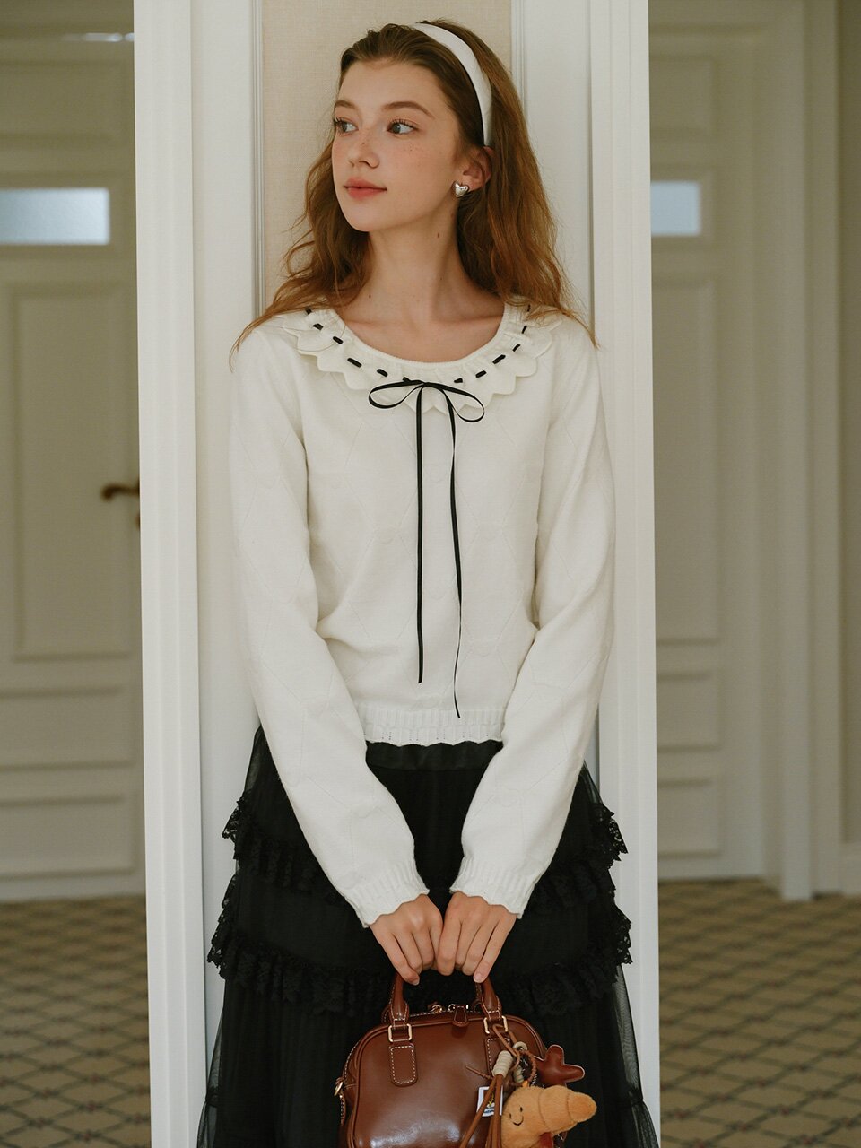 Cest_Lace ribbon knit blouse