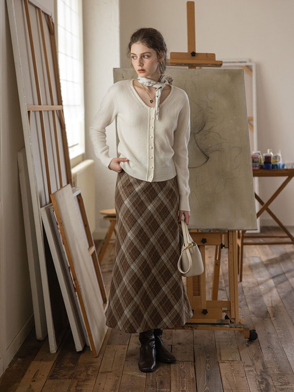 DA_Plaid weave brushed skirt_BROWN