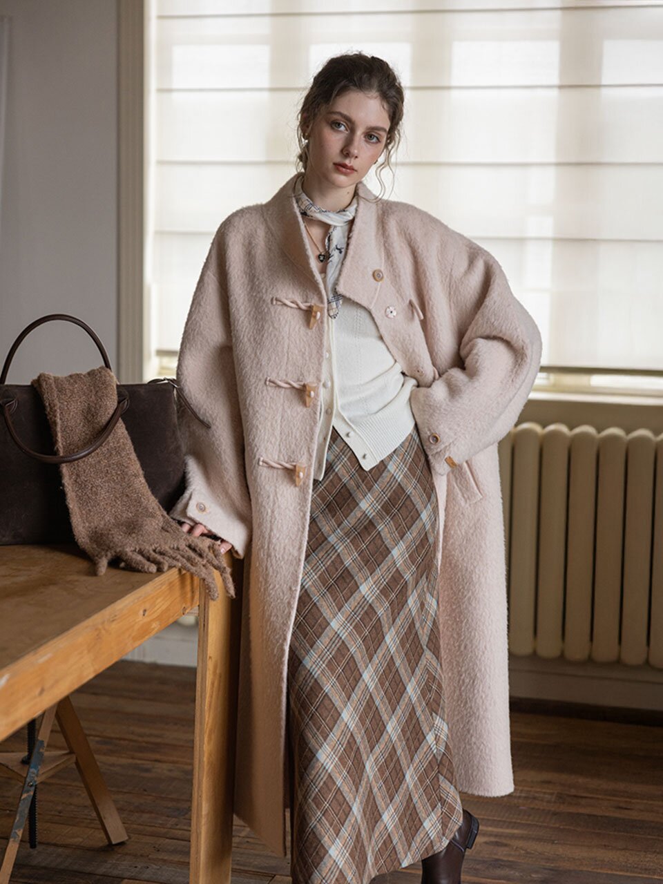 DA_Plaid weave brushed skirt_BROWN