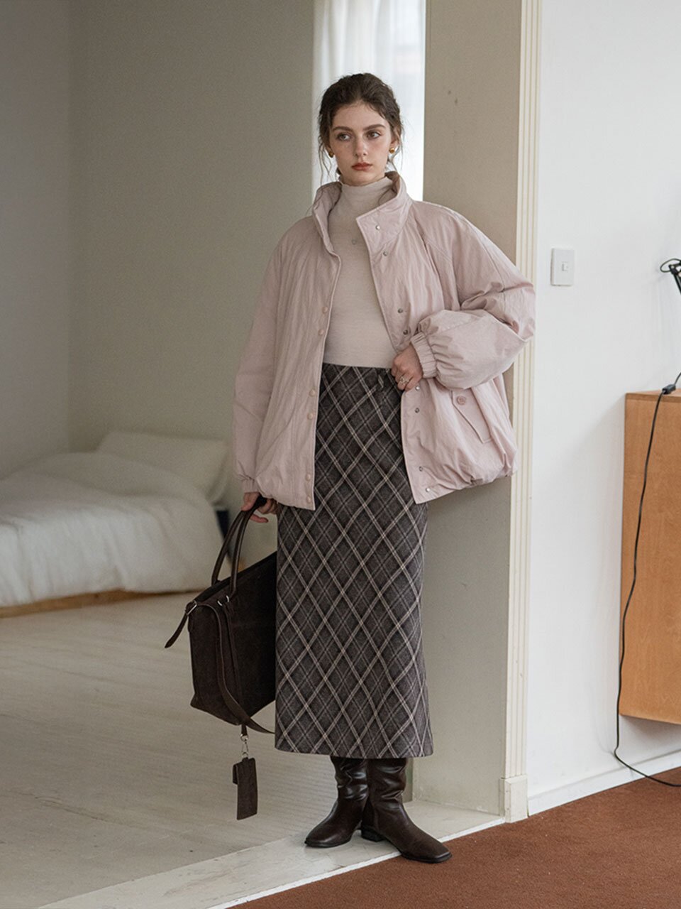 DA_Plaid weave brushed skirt_GRAY