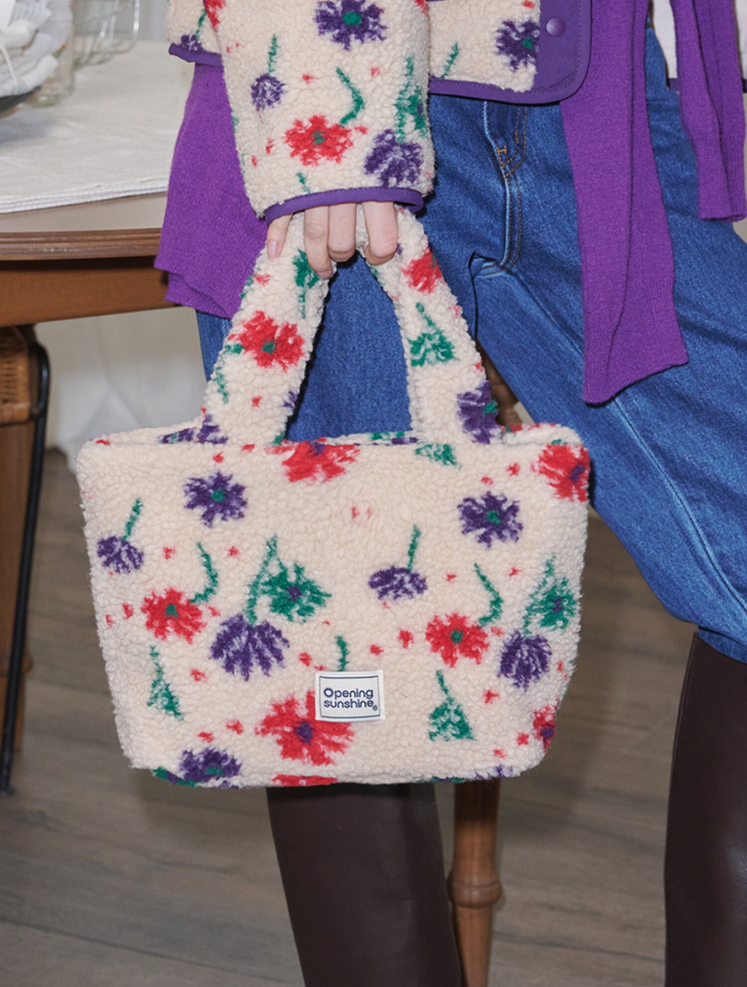 Flower Shearling Tote Bag_Beige