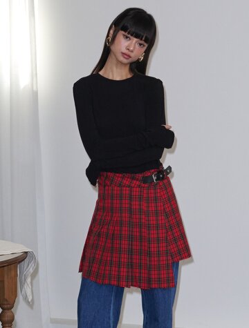 버클 플리츠 체크 랩 미니 스커트_레드







