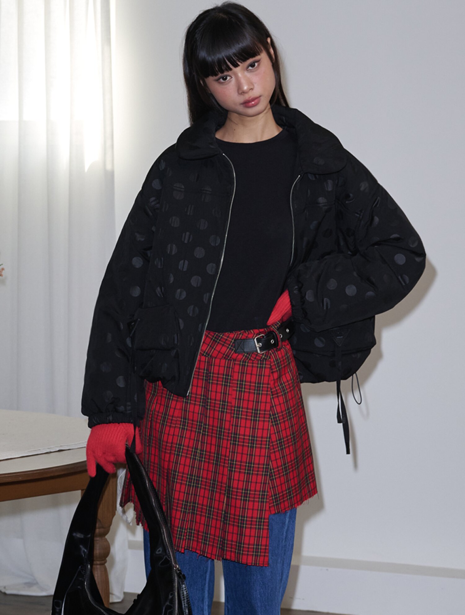 Buckle Pleated Check Wrap Mini Skirt_Red