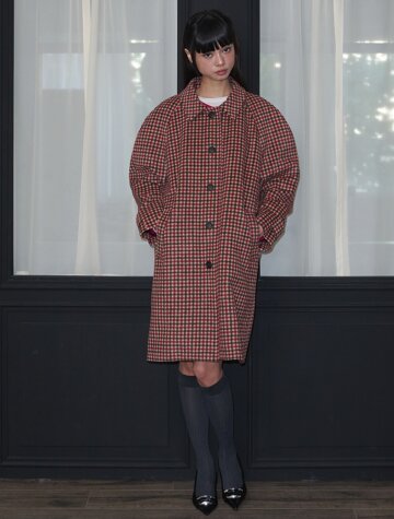 체크 래글런 싱클 롱코트_레드



