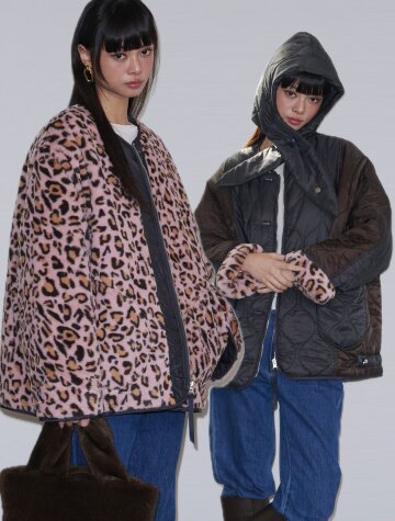 호피 리버시블 퀼팅 퍼자켓 챠콜+핑크










