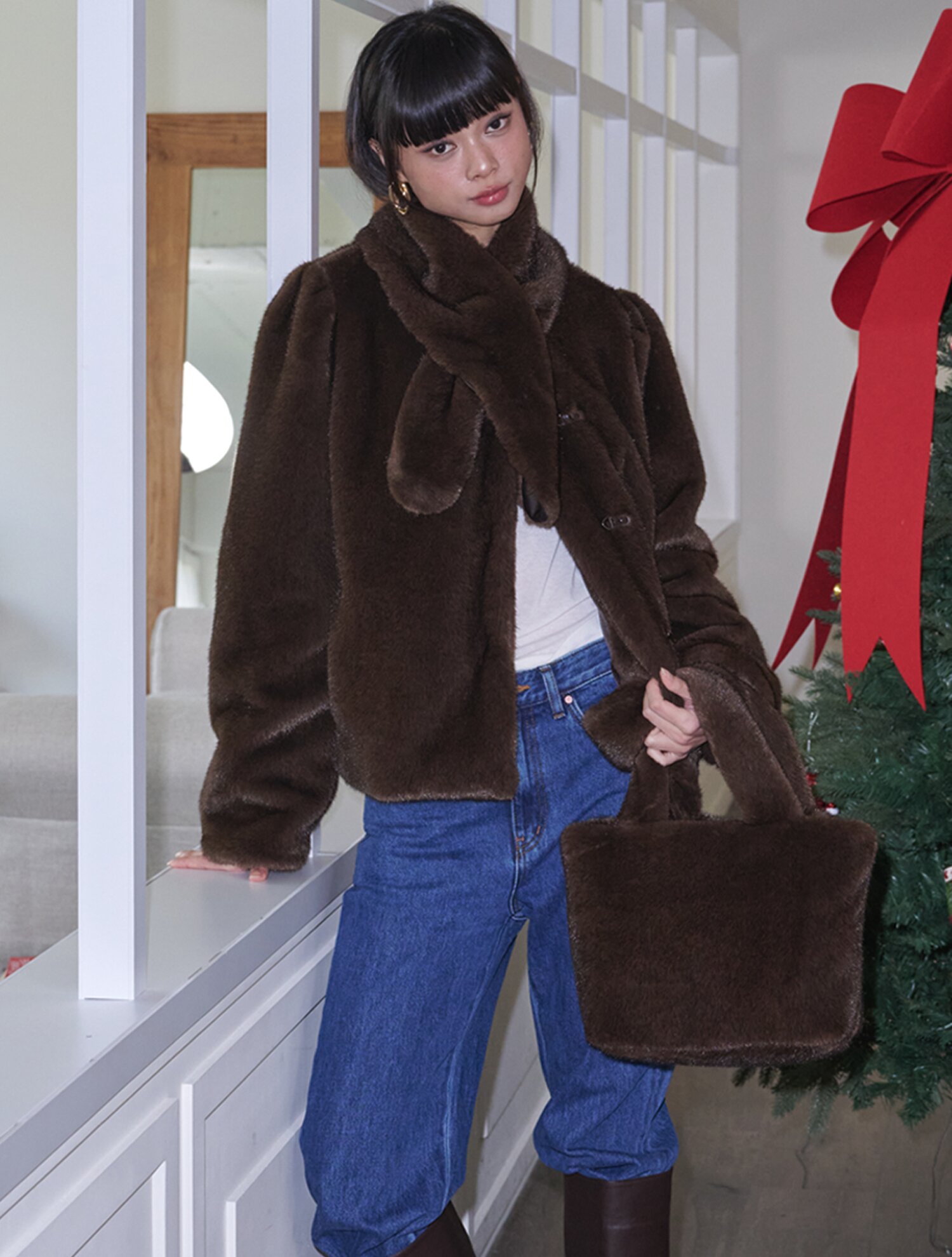 Soft Fur Jacket+Muffler_Brown