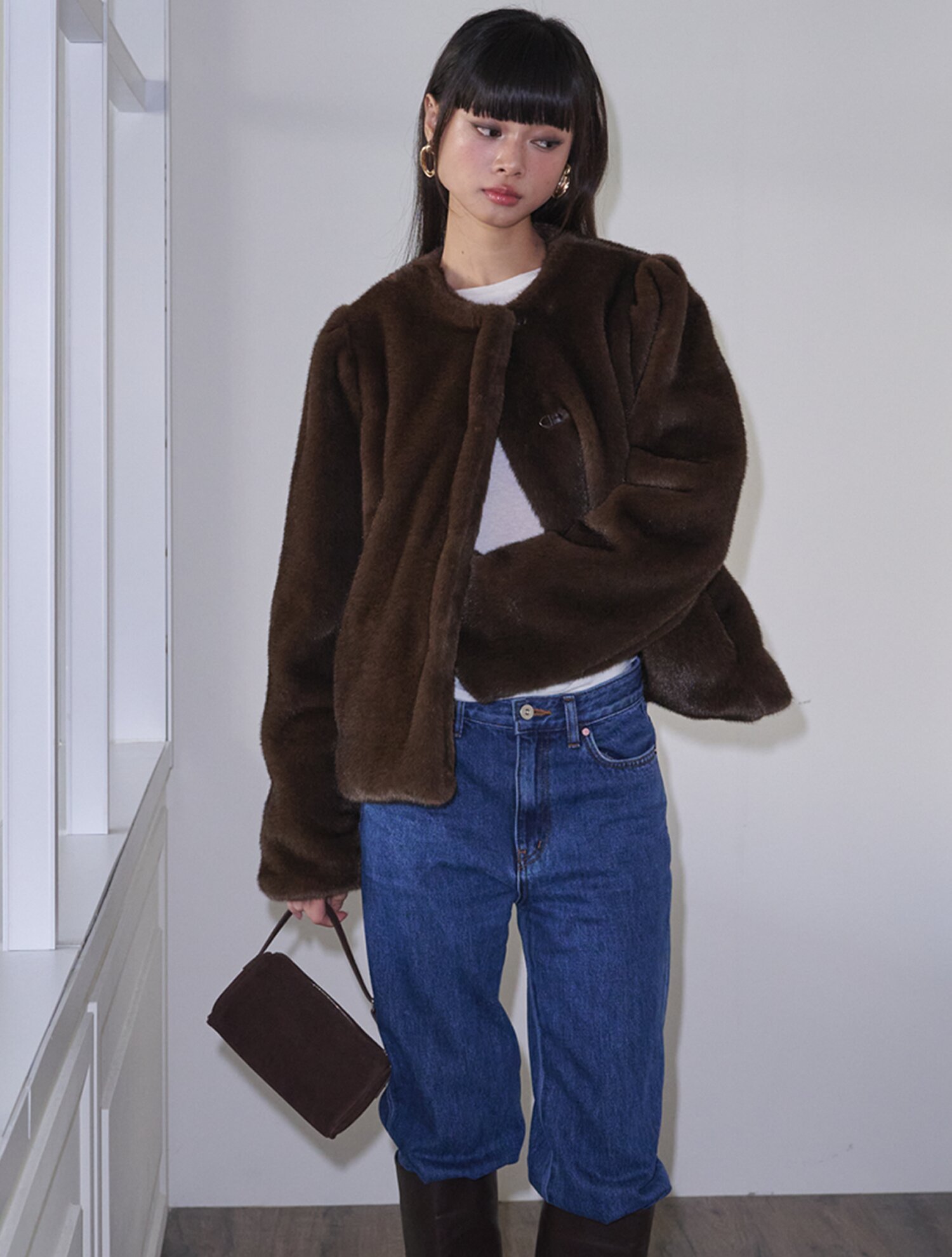Soft Fur Jacket+Muffler_Brown