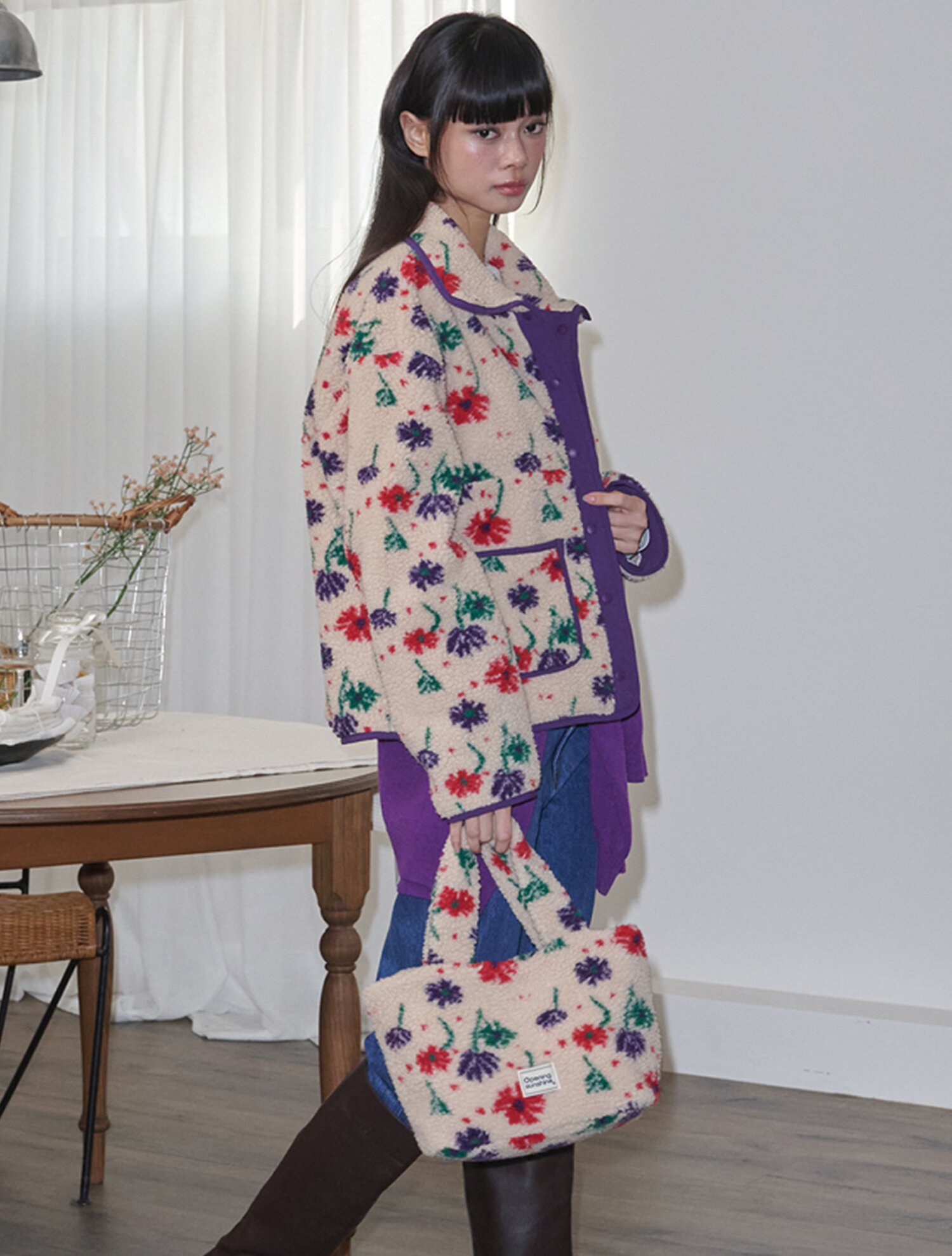 Flower Pattern Fleece Jacket_Beige
