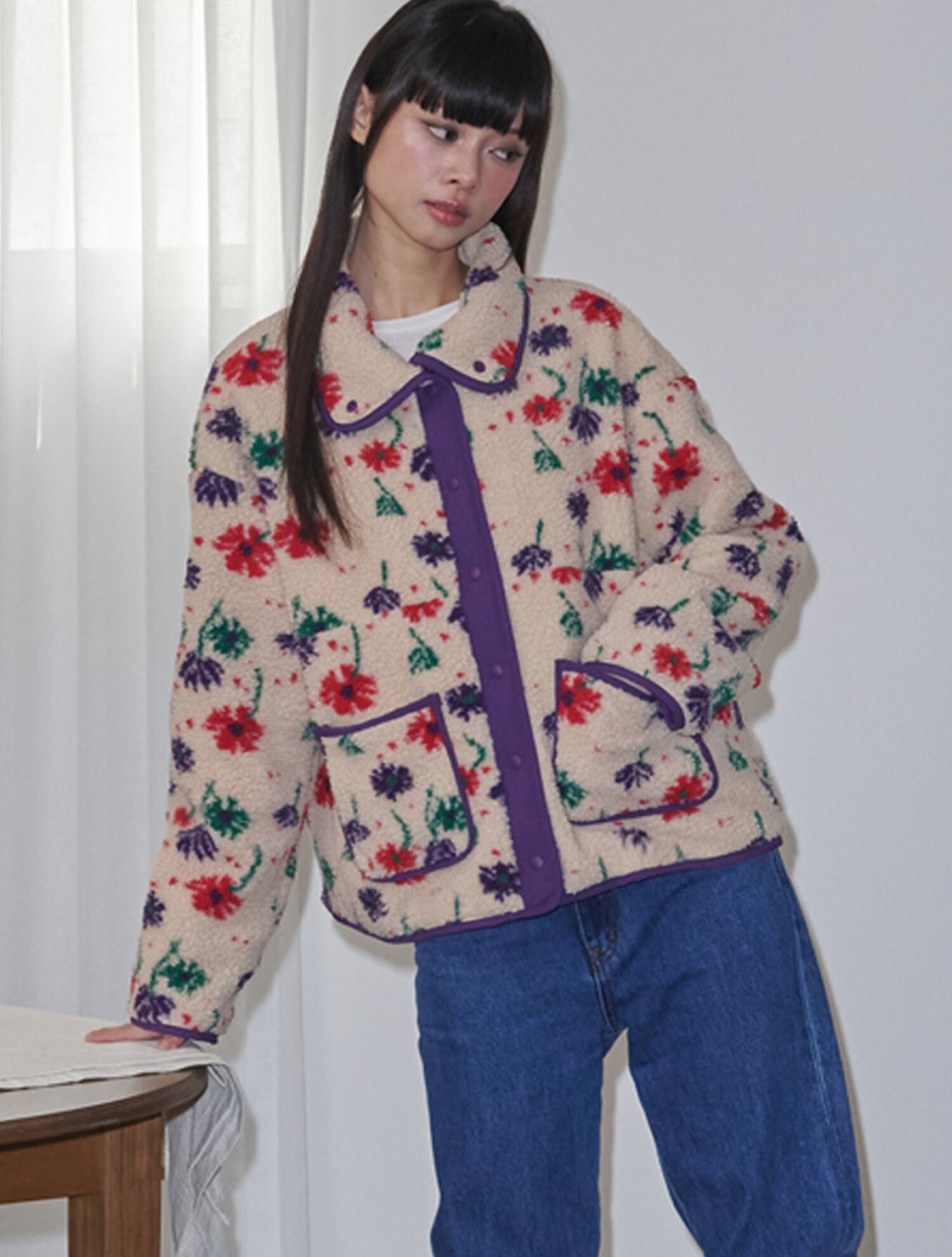 Flower Pattern Fleece Jacket_Beige