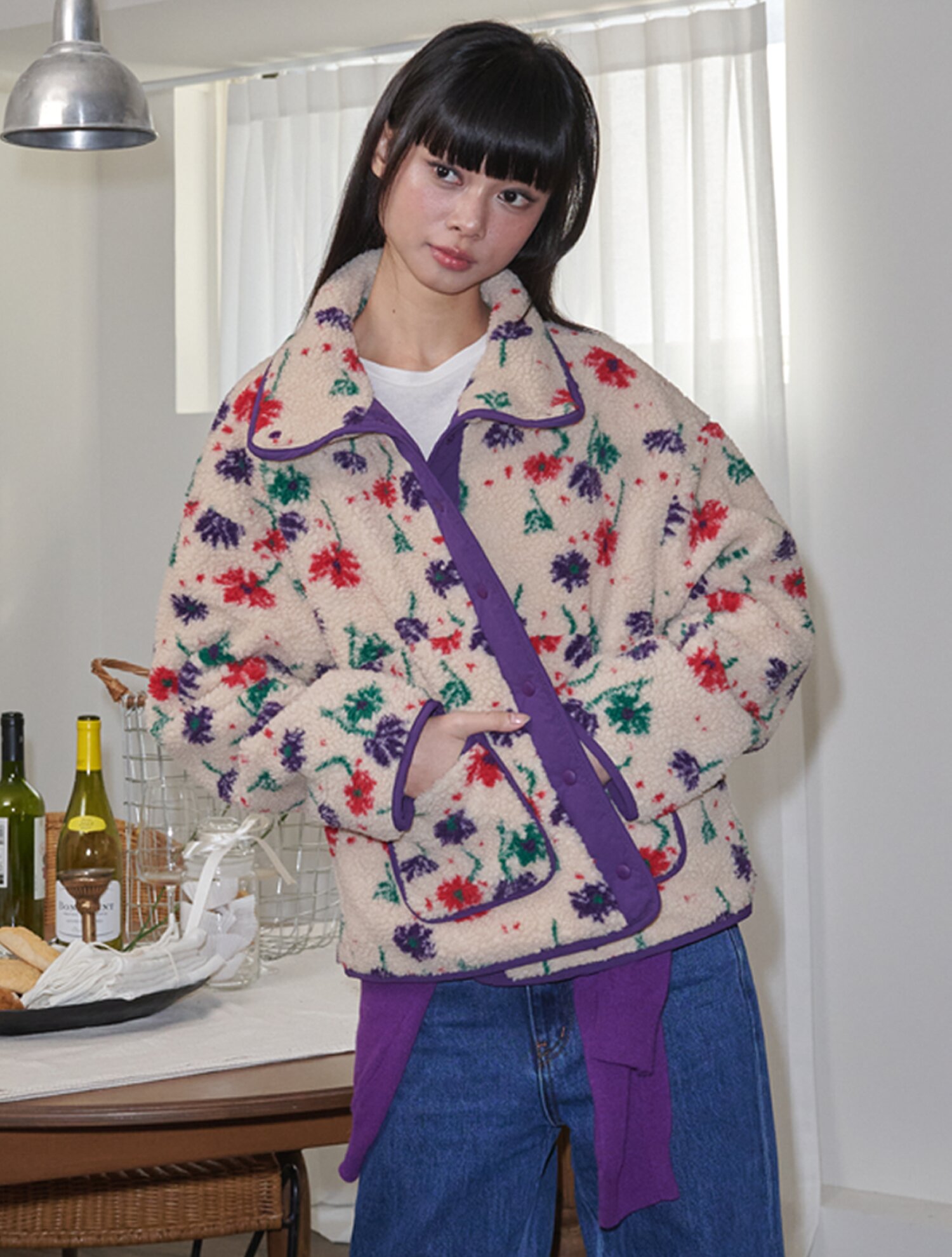 Flower Pattern Fleece Jacket_Beige