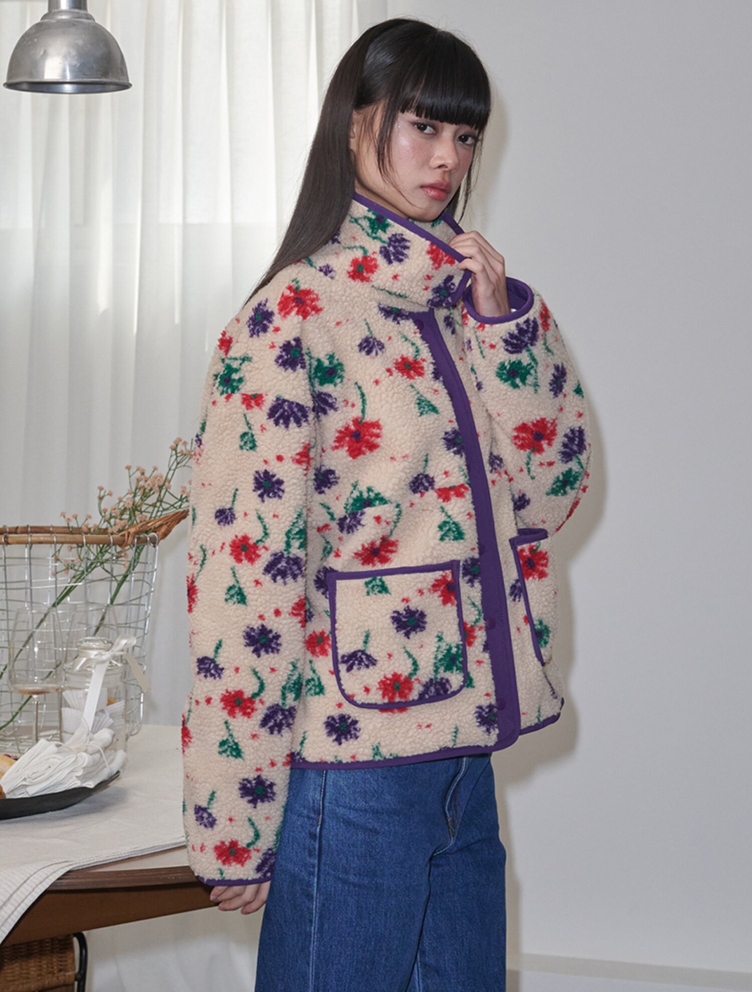 Flower Pattern Fleece Jacket_Beige