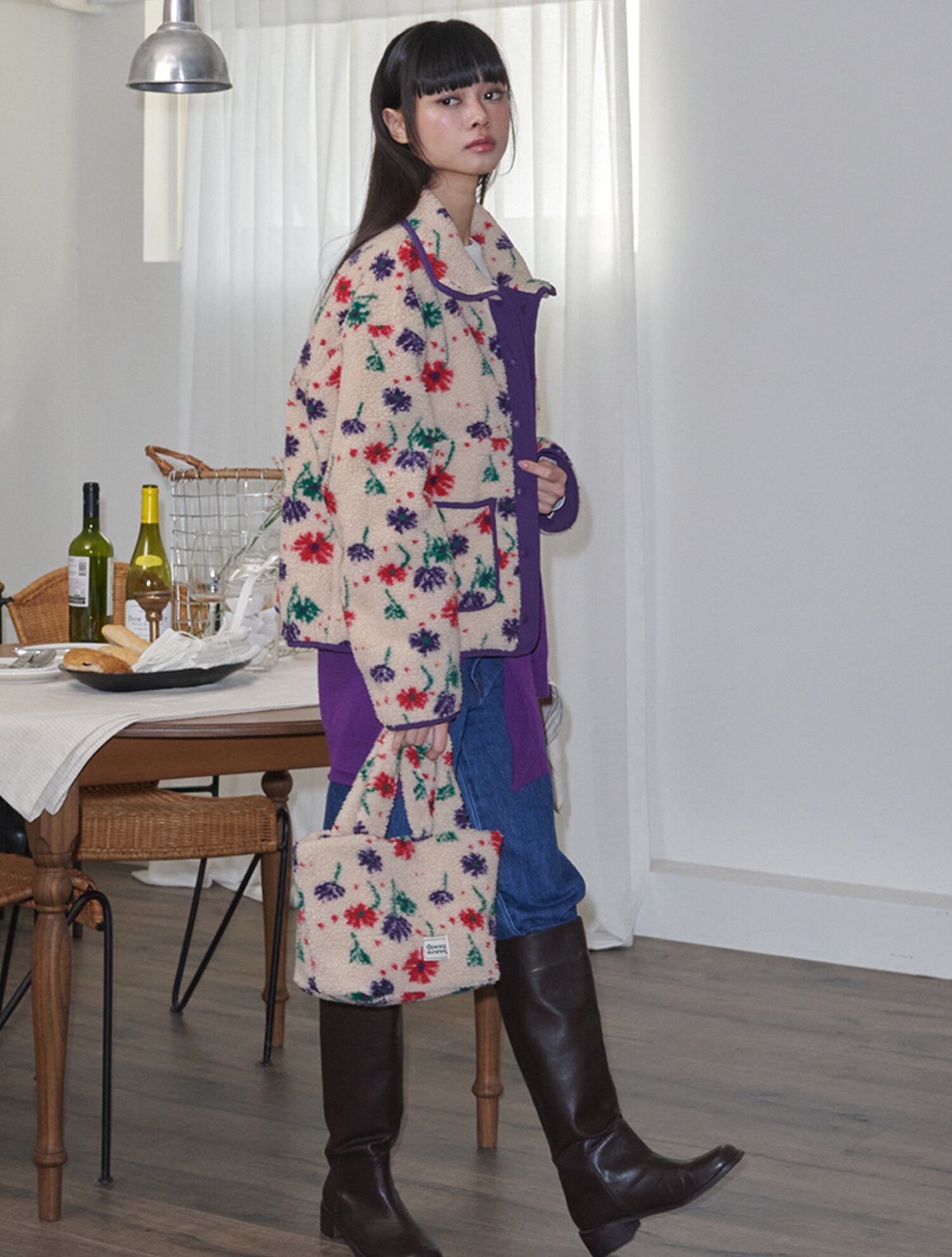 Flower Pattern Fleece Jacket_Beige