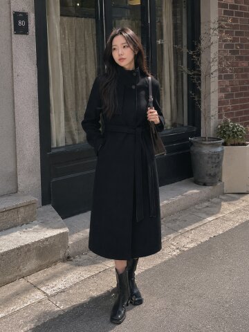 울 캐시미어 블렌드 하이넥 롱 코트 